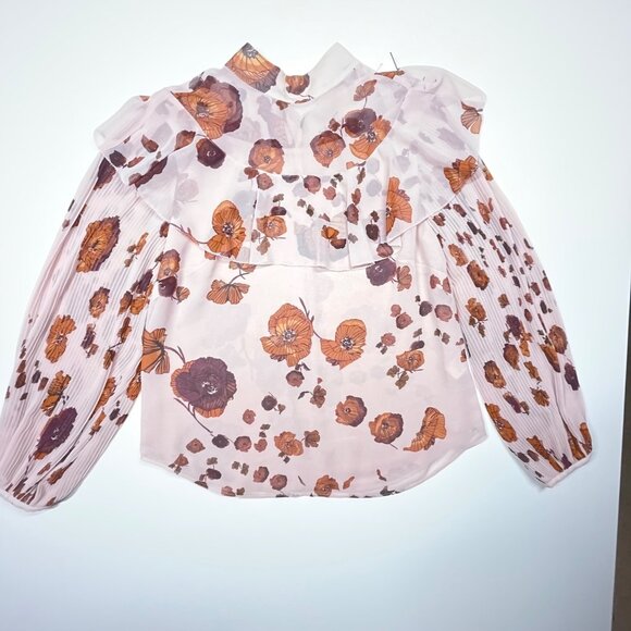 Women's Chelsea28 Floral Sheer Blouse w/ Ruffled Collar &‎ Pleated Sleeves M Med - Picture 7 of 11
